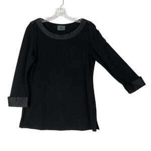 nwot CHANEL Top M Black Satin-Boat-Neck&Cuff Logo-Embroidery Plaid-Stitch Sleeve